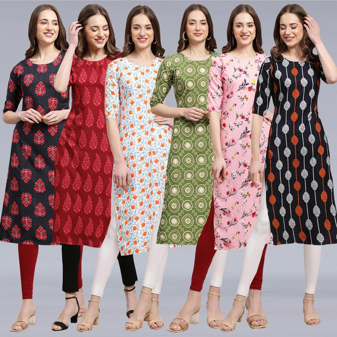 1 Stop Fashion Pack of 6 Women Printed Crepe Straight Kurta