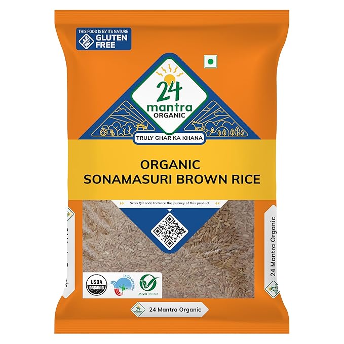 24 Mantra Organic Sonamasuri Unpolished Rice Brown/Brown Chawal - 5 Kg | Pack of 1 | 100% Organic | Chemical Free & Pesticides Free