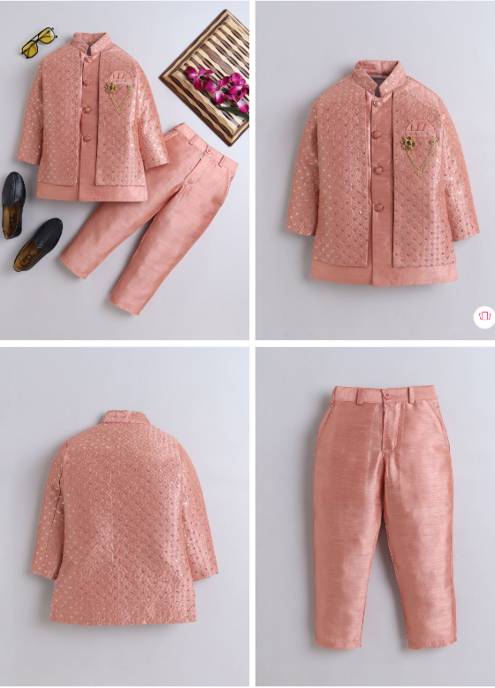 Ahhaaaa Boys Ethnic Motifs Embroidered Sequinned Raw Silk Kurta With Trouser And Jacket