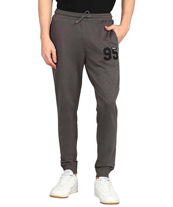 Alan Jones Clothing Men's Mid Rise Cotton Blend Joggers Track Pants | French Terry | Zipper Pocket | Casual, Gym & Lounge Wear (Cement_S)