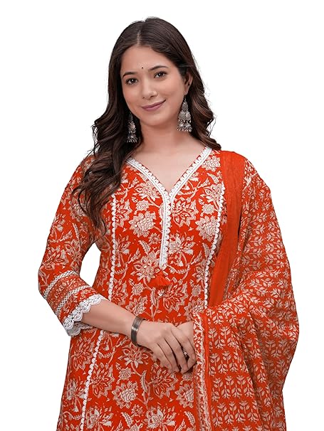 Amayra Women's Pure Cotton Printed Straight Kurta Set with Palazzo Pants & Dupatta- Ethnic Wear, Orange(TCK621,L)