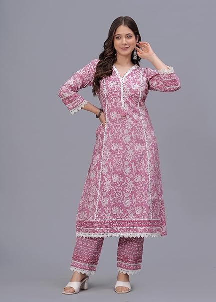 Amayra Women's Pure Cotton Printed Straight Kurta Set with Palazzo Pants & Dupatta- Ethnic Wear, Pink(TCK621,S)