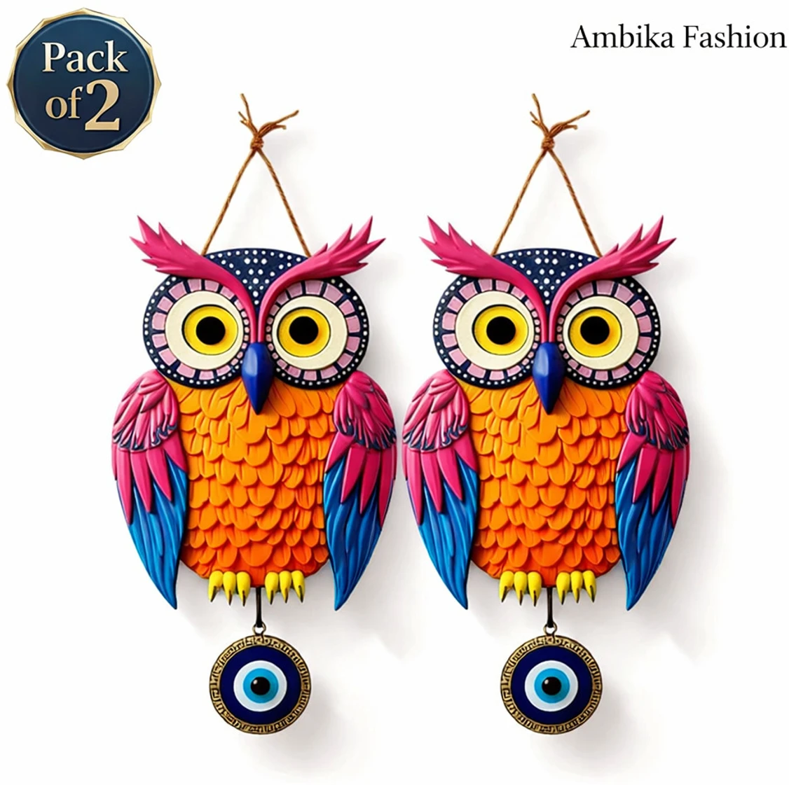 ambika fashion Owl Wall Decor with Nazar Suraksha Vastu Decorative for Home & Office Pack of 2