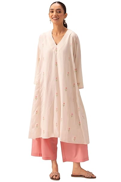 ANNI DESIGNER Women's Rayon Viscose Anarkali Printed Kurta with Palazzo (QUSHI Cream_M_Cream_Medium)