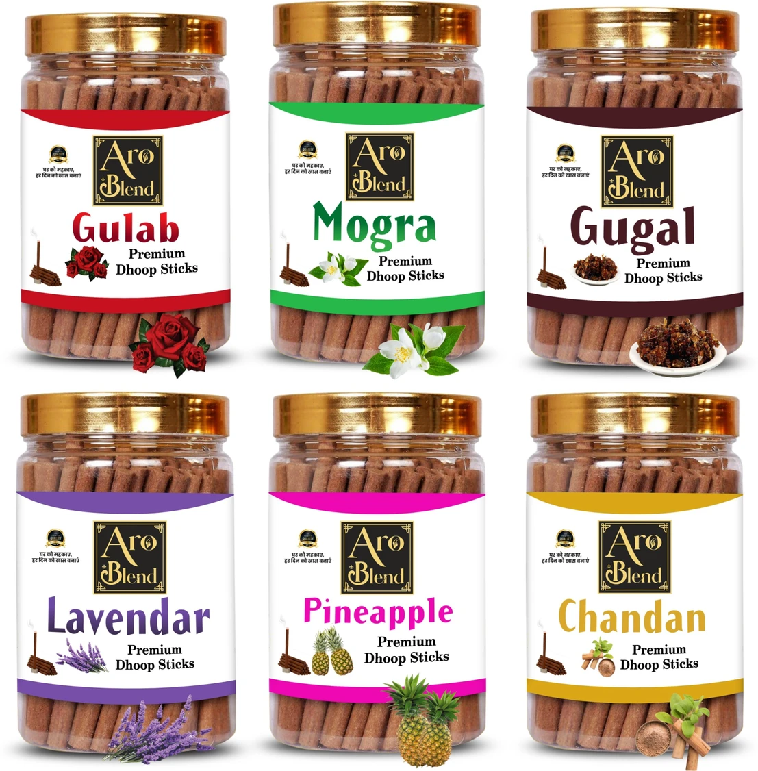 Aroblend PREMIUM GULAB, MOGRA, CHANDAN, PINEAPPLE, LAVENDER & GUGAL DRY DHOOP INCENSE STICKS COMBO PACK OF 6 JAR
