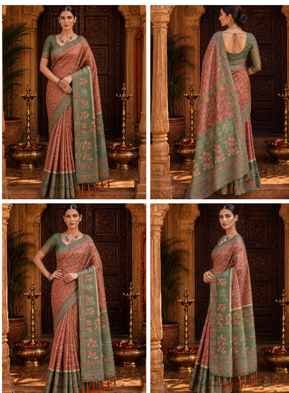BerMondsey Paisley Linen Blend Designer Block Print Saree