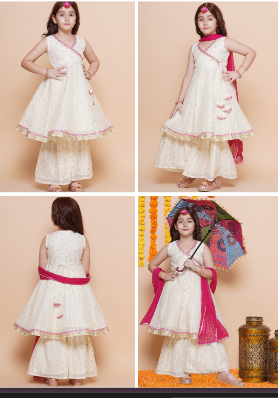 Bitiya By Bhama Girls Woven Design Angrakha Gotta Patti Kurta With Sharara & Dupatta