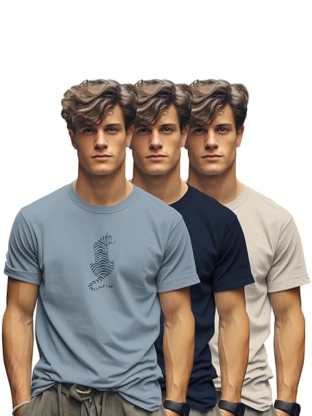 BULLMER Trendy Printed Cotton Blend Regular Fit Crew Neck/Round Neck Half Sleeve Tshirt for Men - Pack of 3