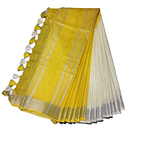 Charkha Silk P.W.C.S LTD_Handloom Women's Linen Slub Saree Two Dye Dual Color Plane Silvar Zari Border Simple And Sober With Running Blouse(Yellow White)