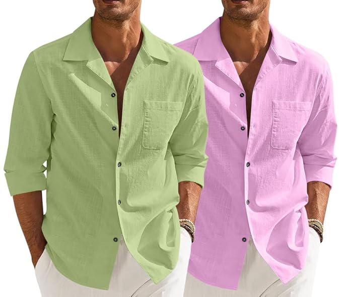 Combo of Men’s Casual Cotton Blend Shirt || Long Sleeve Button Down with Spread Collar | Lightweight Breathable Fabric | Stylish Solid Shirt for Beach, Office & Everyday Wear Pack of 2