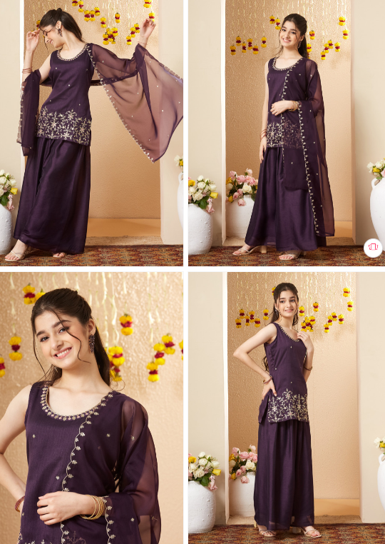 CurlyTales Girls Silk Embroidered Kurta And Palazzo Set With Dupatta