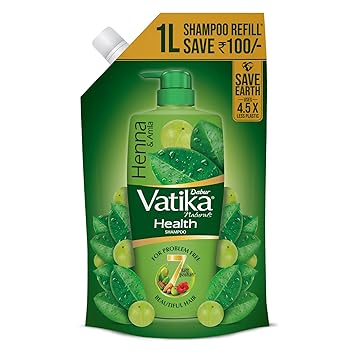 Dabur Vatika Health Shampoo - 1 L (Refill Pouch) | With 7 Natural Ingredients | For Smooth, Shiny & Nourished Hair | Repairs Hair Damage, Controls Frizz | For All Hair Types | Goodness of Henna & Amla