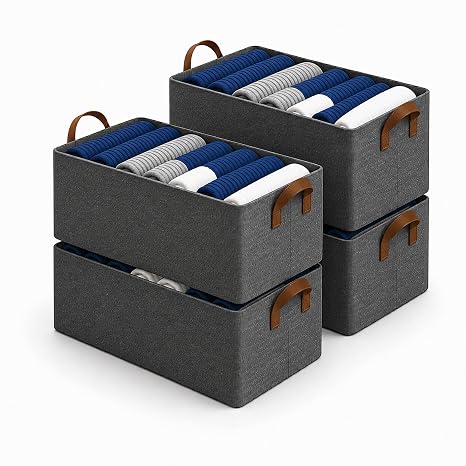 DALUCI 4 Pcs Wardrobe Organizer for Clothes - Foldable Fabric Storage Box with Metal Frame | Storage Basket for Almirah, Cupboard, Jeans & Sweaters (Grey)