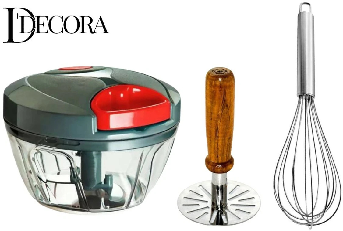 DDecora Combo Of 450 ML, Stainless-Steel Whisk and Masher Vegetable & Fruit Chopper