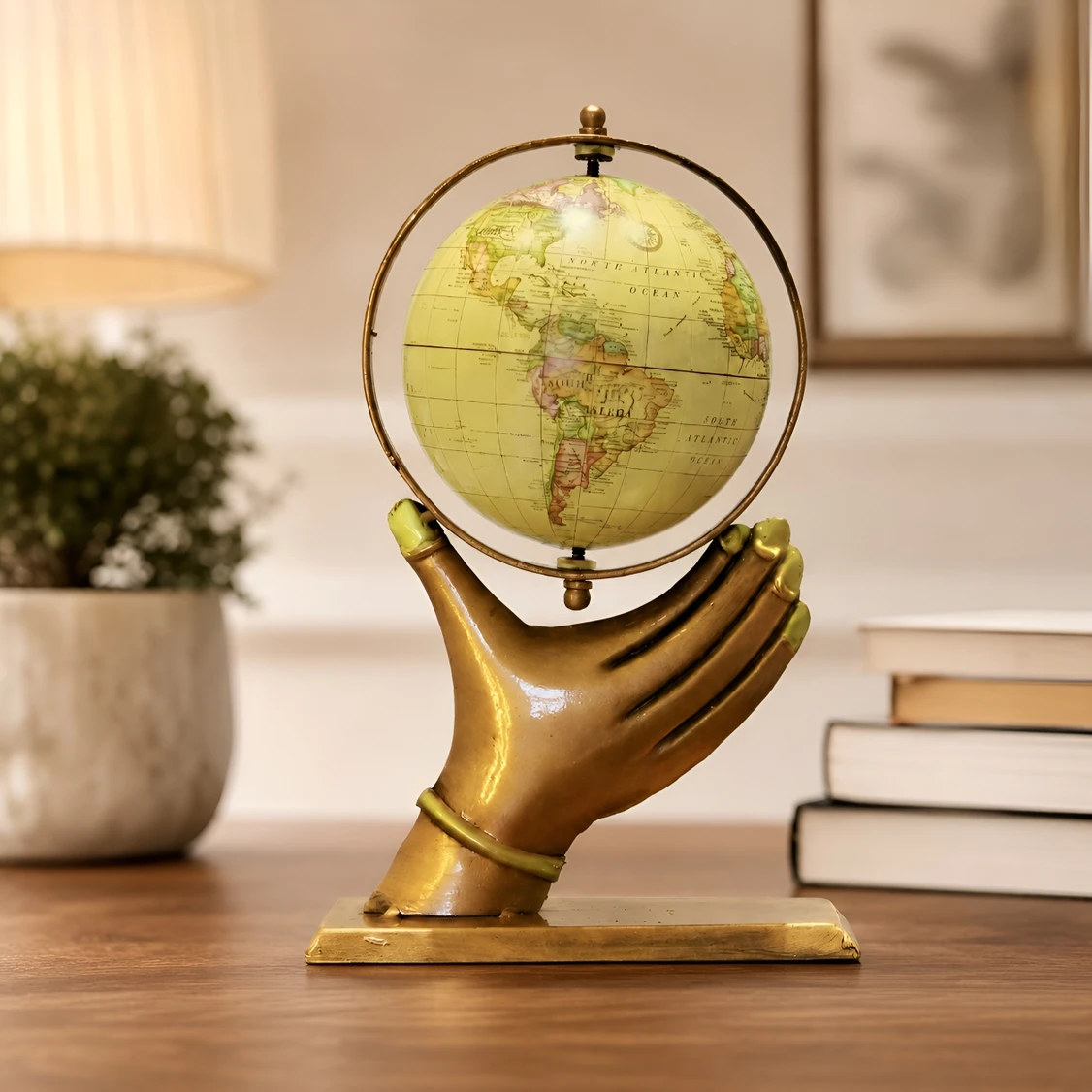 Desi Craft Decor Handcrafted Metal Hand World Globe Showpiece Decor for Home, Table & Office Gift Decorative Showpiece - 28 cm