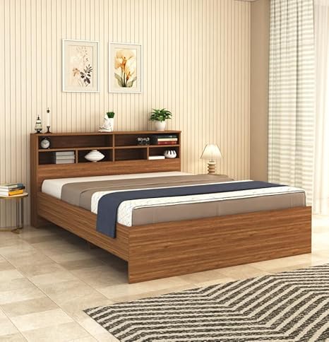 DesignFit Engineered Wood Queen Size Bed Without Storage | Wooden Double Bed Cot Palang Furniture for Bedroom, Living Room, Home and Hotel (Walnut Finish) 1 Year Warranty