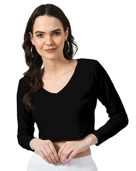 Dream Beauty Fashion Polyester Women's V-Neck Full Sleeve Slim Fit Crop Top (T/-Baati Black-S)