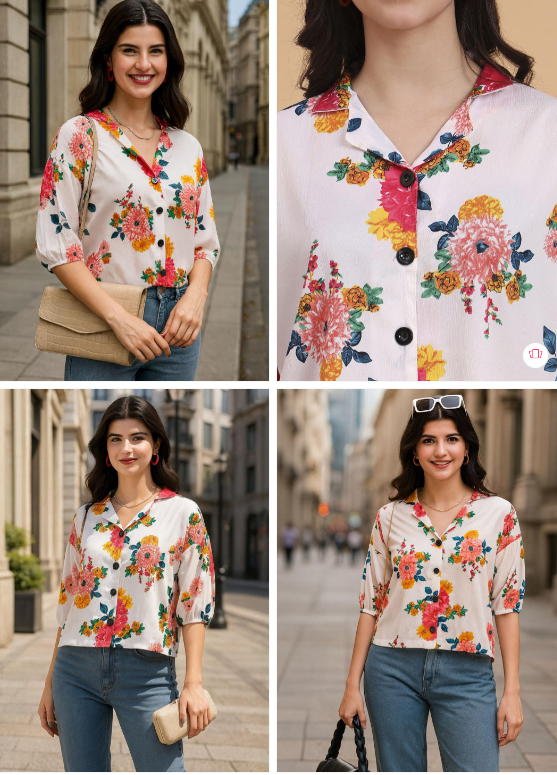 DressBerry Women Relaxed Boxy Fit Floral Printed Cuban Collar Casual Shirt