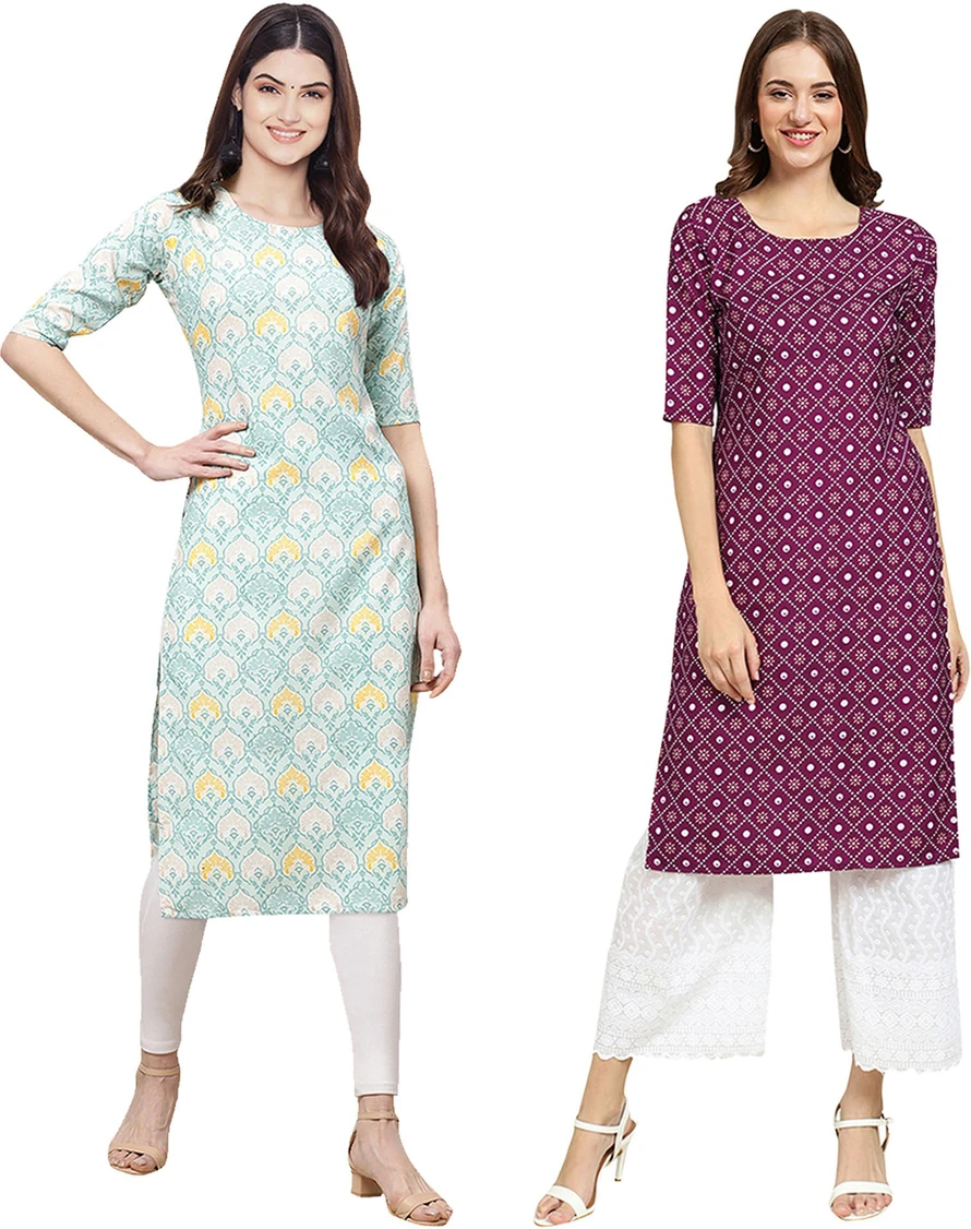 EthnicBasket Pack of 2 Women Printed Crepe Straight Kurta