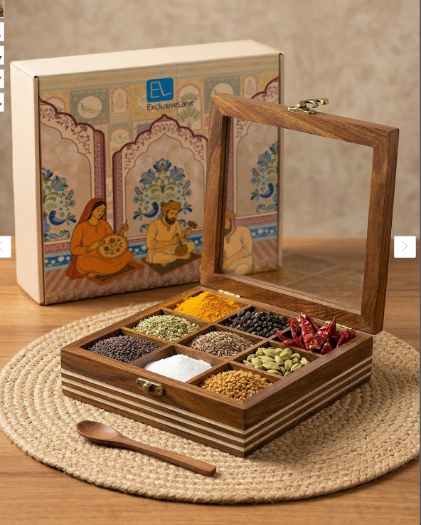 ExclusiveLane Brown Solid Hand Engraved Sheesham Wooden Square Spice Box With Spoon