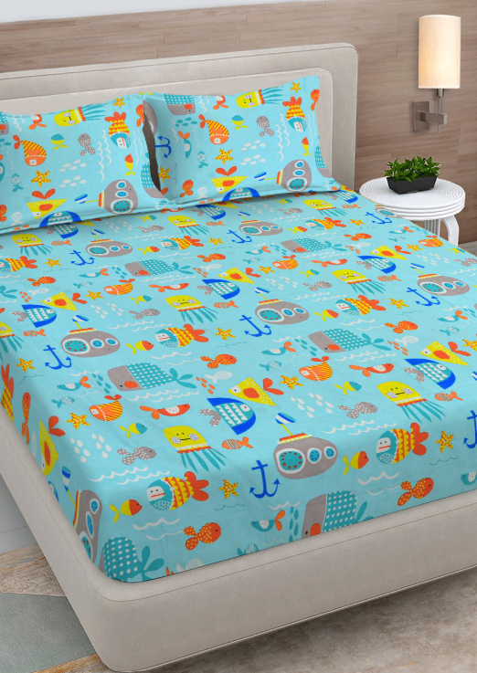 FABINALIV Rose Garden Blue Polycotton 300 TC King Bedsheet with 2 Pillow Covers