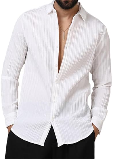 G Gradual Men's Casual Button Down Shirts Long Sleeve Linen Shirt Fashion Textured Beach Summer Shirt (in, Alpha, XL, Regular, White)