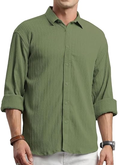 G Gradual Men's Casual Button Down Shirts Long Sleeve Linen Shirt Fashion Textured Beach Summer Shirt (in, Alpha, M, Regular, Army Green)