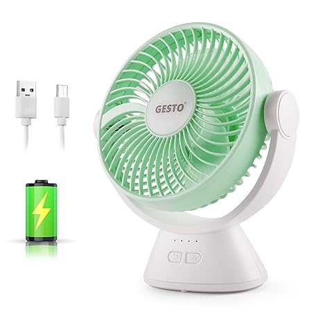 Gesto 7.8 Inch High Speed Rechargeable Table Fan for Home – USB Charging Battery Fan With Led Light | 2400mAh Battery for Upto 8 Hrs. Runtime | 3 Speed Modes Portable fan for Home,Office,Kitchen-Green
