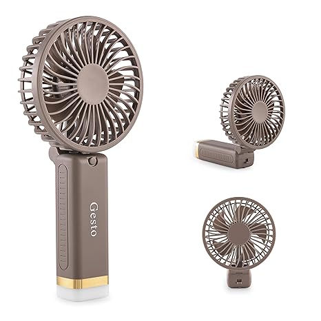 Gesto Portable Fan Rechargeable with LED Light – Foldable Mini Fan, Small Fan, USB Charging Hand Fan with 1200mAh Battery & 3 Speed Modes | Travel, Makeup, Kitchen, Women’s Personal Pankhaa - Grey