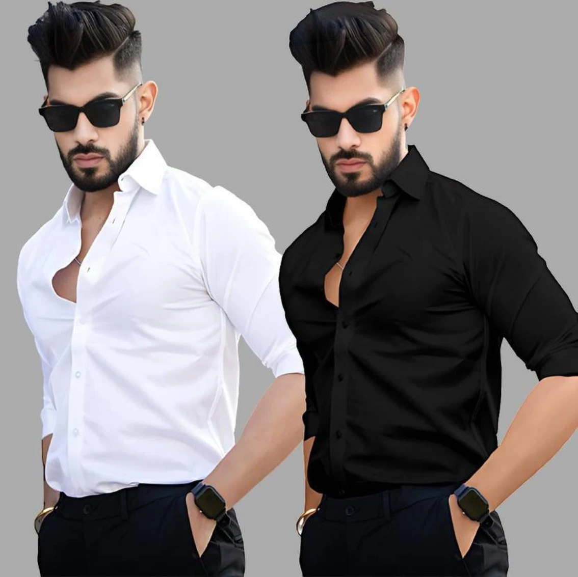 GLOREN Men Regular Fit Solid Spread Collar Casual Shirt (Pack of 2)