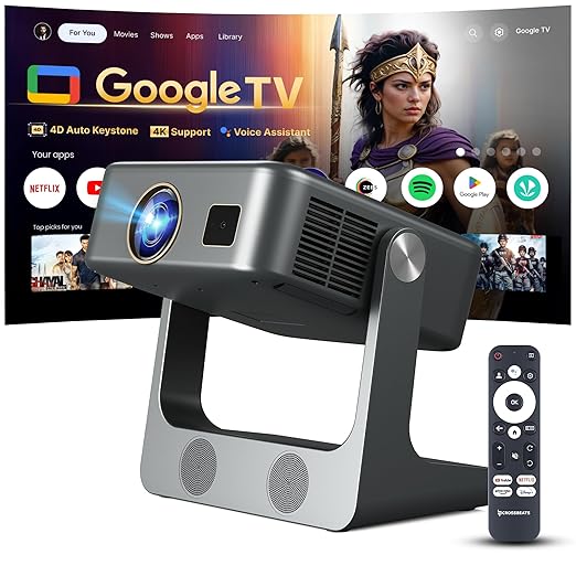 [Google TV Official] Crossbeats Lumex Solis Projector 4k Ultra HD, 1080p Native, Android 14 WiFi, 1000 ANSI, Smart Mini Projector for Room, Portable Home Theater Cinema, Built-in Apps, 300''Display