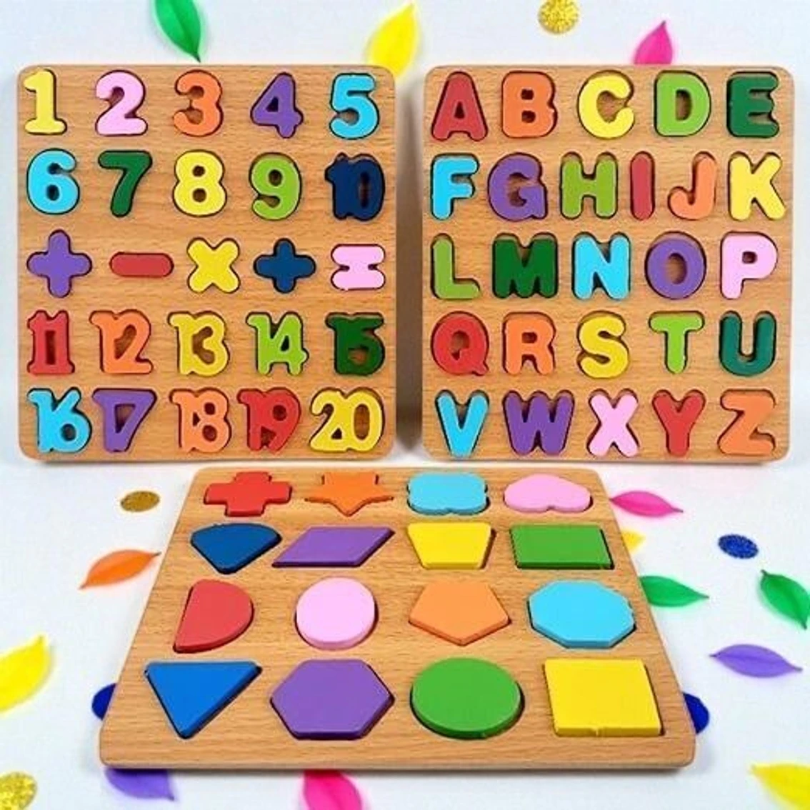 INDIEPREMIOR Kids Colorful Wooden Puzzle Set 3D Capital Alphabets, Numbers, and Shapes