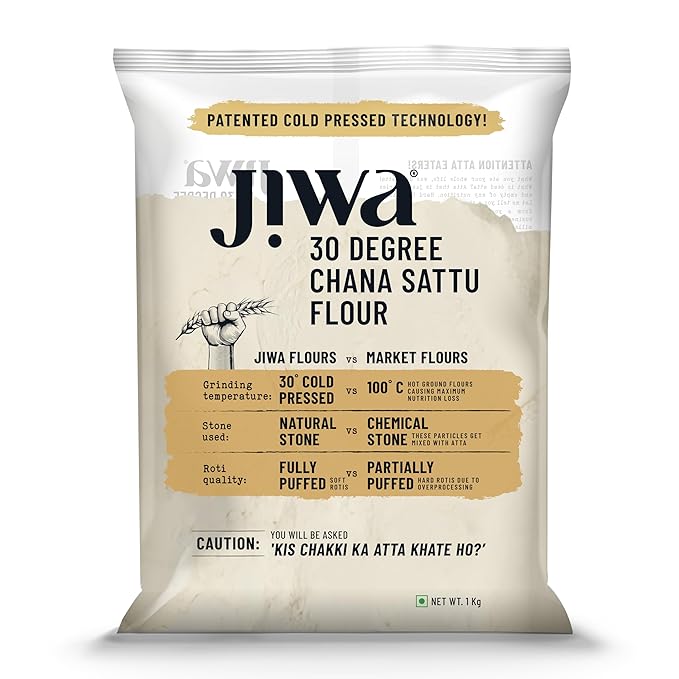 Jiwa 30 Degree Chana Sattu Flour/Atta | 1 Kg | Patented Cold Pressed Flour | Slow Ground | Roasted Bengal Gram Atta | High Protein | Sattu Drink Powder | Gluten Free