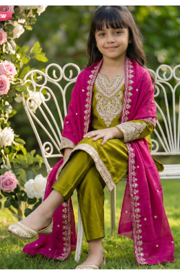 KALINI Girls Ethnic Motifs Embroidered Regular Thread Work Kurta With Trousers & With Dupatta