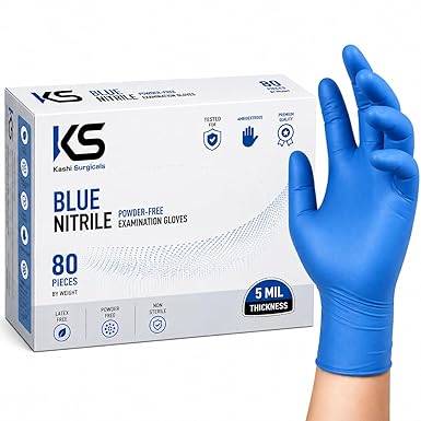Kashi Surgicals KS Powder Free Nitrile Hand Gloves, Food Grade, Made in Malaysia (Large, Blue, Box of 80) (Large)
