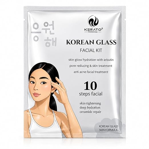 KERATOPLUS PROFESSIONAL 10 Step Korean Glass Skin Brightening Facial Kit 129g | 2 Full Uses | Arbutin, Niacinamide & Kojic Acid | Dark Spots, Acne & Pigmentation | Glycolic & Salicylic Acid