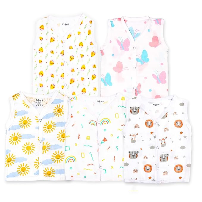 Kidbea® Extra Soft Muslin Cotton Jhabla for Baby Boys Cute Chick, Butterfly, Rainbows, Tiger and Sun Print Pack of 5 (6 Months to 9 Months)