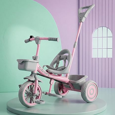 Kidsmate Junior Tricycle for Kids with Parental Control | Cycle for Kids 1-4 Years | Baby Cycle | Bicycle with Storage Basket, Cushion Seat and Seat Belt Carrying Capacity 30 Kgs (Pink-Grey)