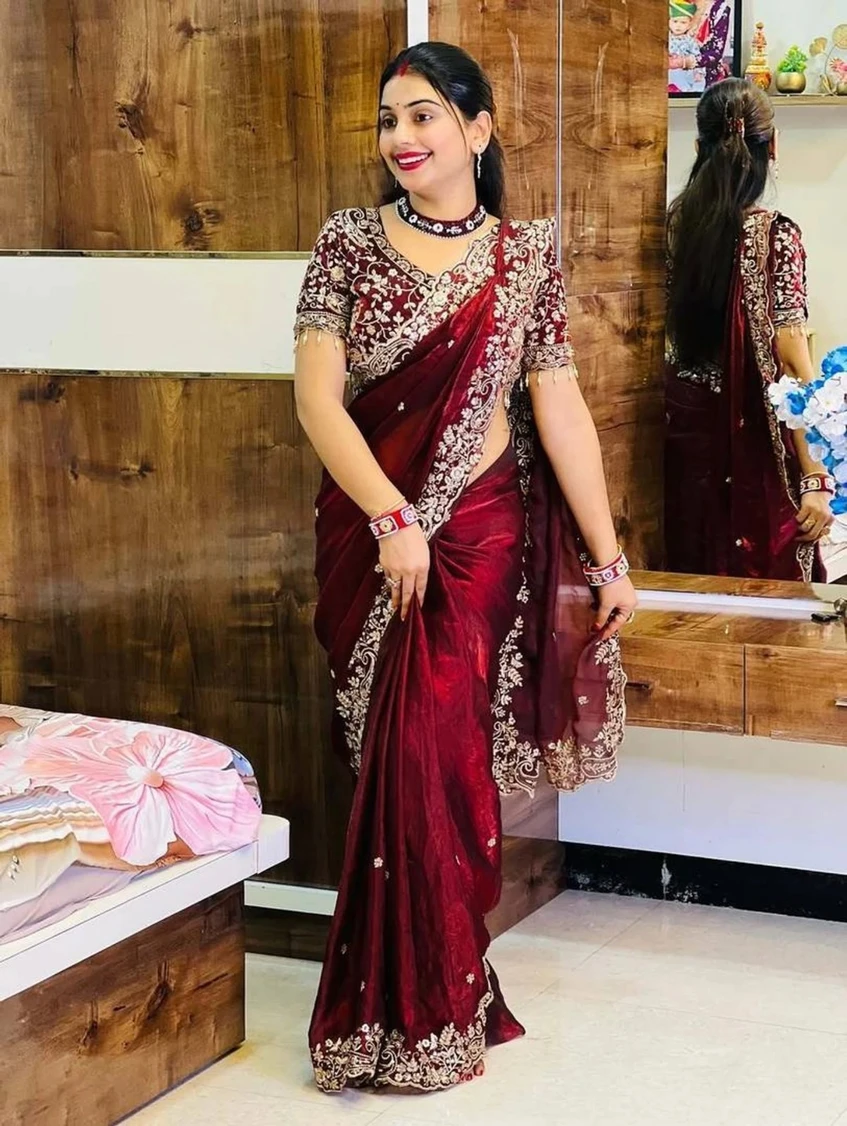 KRISHNACOLLECTION9 Embroidered, Embellished Bollywood Jimmy Jimmy Maroon Sarees