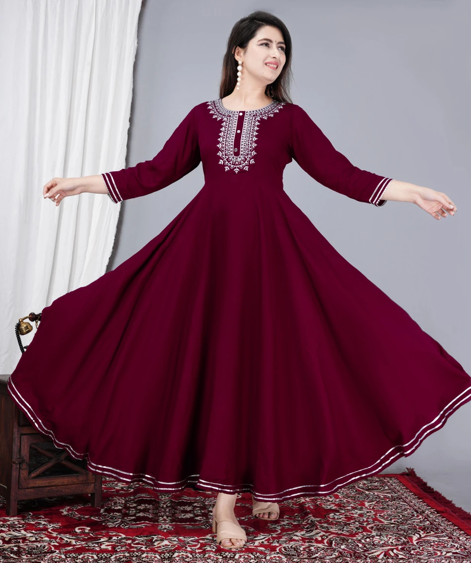 Kurthit Embroidered Viscose Rayon Stitched Anarkali Gown (Maroon)
