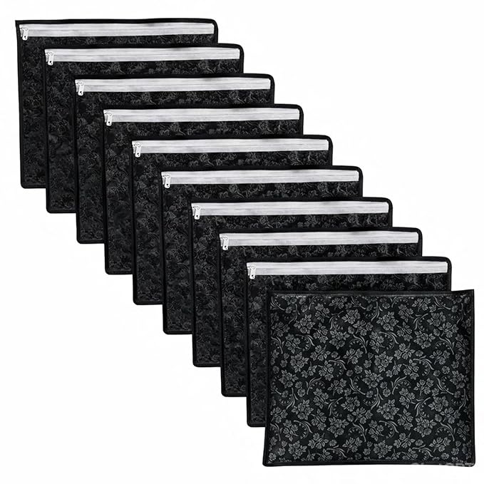LAXIS® Non-Woven Printed Single Saree Cover, Saree Bag Pack of 10Pcs, Transparent Saree Covers With Zip, Saree Covers For Storage, Wardrobe Organiser, Size-36x42x2cm (Black)