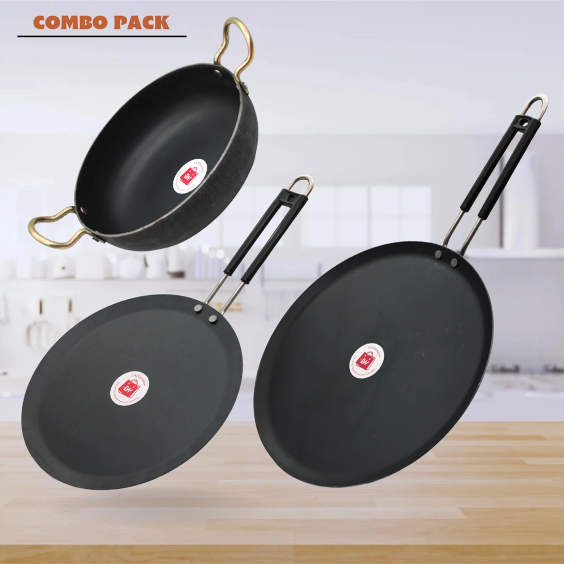 LAZYwindow Iron Tawa's (Induction base) And Deep Bottom Kadhai Combo Pack Induction Bottom Cookware Set