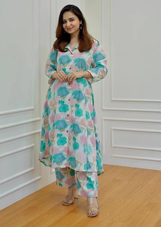 Leriya Fashion Women's Anarkali Rayon Floral Printed Kurta Pant Set | High-Low Hem & 3/4 Sleeves | Ethnic Co-ord for Festive & Casual Wear