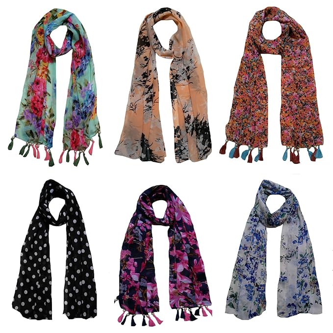 Letz Dezine ™ Women's Printed Chiffon Multicolored Scarf and Stoles with Pearl Tassels - Set of 6 (LDS10111)