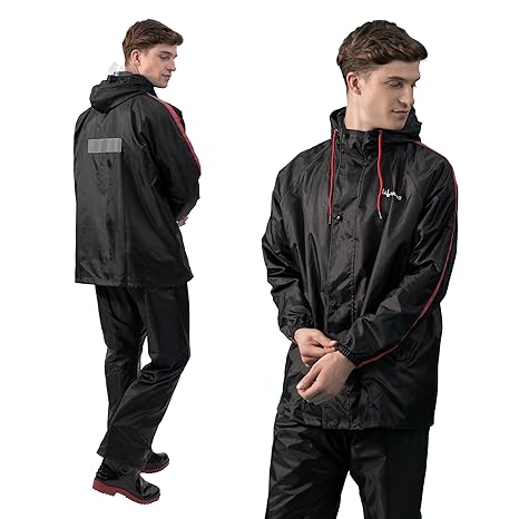 Lifelong Men's Raincoat Set | Waterproof Polyester Double-Coated Reversible Rain Suit | Hooded Jacket with Inner Mobile Pocket & Pants | Standard Length for Hiking, Camping XL Black With Red Stripe