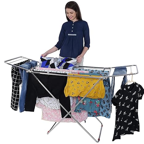 LiMETRO STEEL Stainless Steel Foldable Cloth Dryer Stand Double Rack Cloth Stands for Drying Clothes Steel (Cross), 120x54x4 cm