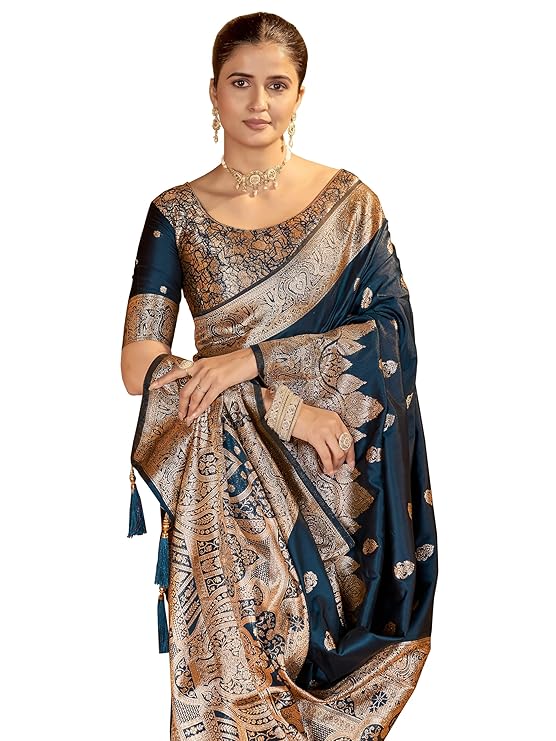 Mehrang Women's Banarasi Silk Kanjivaram Saree For Wedding With Pure Zari Work, Woven Design, With Unstitched Blouse Piece (Peacock Gold)
