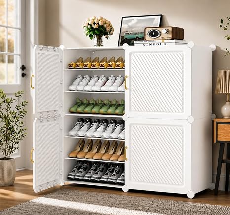 Mevigo Plastic Shoe Rack for Home with Door | 12-Tier Stackable Shoe Organizer | Holds 24 Pairs | Waterproof & Dustproof | DIY Modular Shoe Cabinet | Chappal Slipper Stand for Bedroom, Entryway