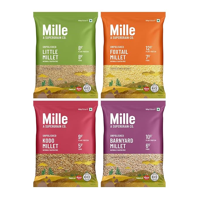 Mille Grains Combo | Foxtail, Little, Kodo and Barnyard Millet | Unpolished, Toasted, No Soaking Required | Ideal for Fasting | Rice Replacement | High Fibre and Plant Protein | Gluten Free | Cooks in 10 minutes, 500 g X 4