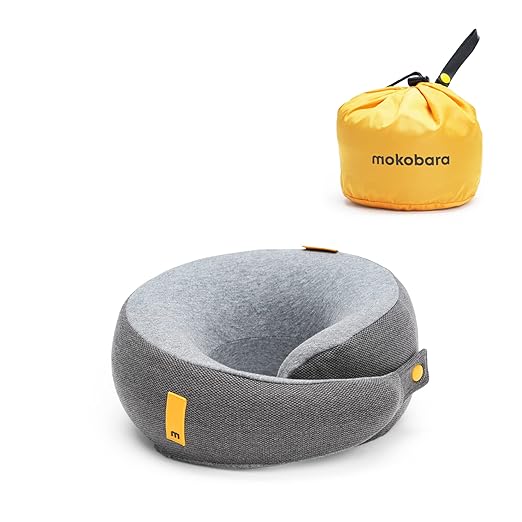 MOKOBARA The Travel Pillow | Memory Foam Neck Support Cushion | Ergonomic Cervical Pain Relief | Adjustable Headrest for Airplane Car & Train |Washable Cover | Essential Gear | Sieze the Gray Grey